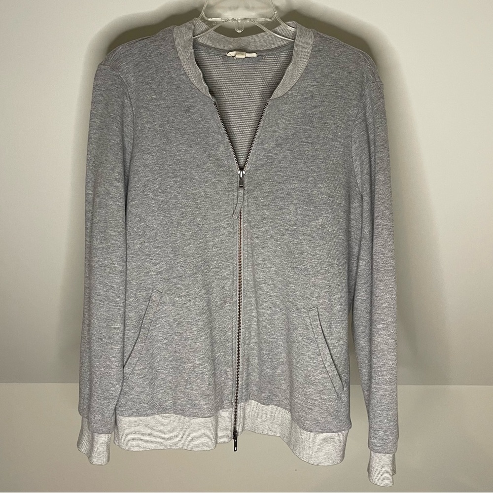 Eileen Fisher Organic Cotton Knit 2-way Zip Bomber Jacket in Gray, Size L